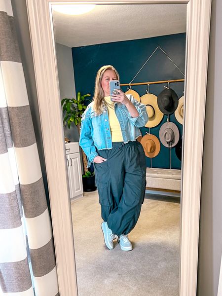 A casual spring outfit with these baggy fit cargo pants, spring colored tank top, denim jacket, and platform sneakers. The pants remind me of a parachute pant and they can be wide at the bottom or tied like here. 

Plus size spring outfit 
Plus size outfit idea
Spring outfit 
Summer outfit 
Plus size ootd
Size 18
Size 20
Platform sneakers

#LTKSeasonal #LTKstyletip #LTKplussize