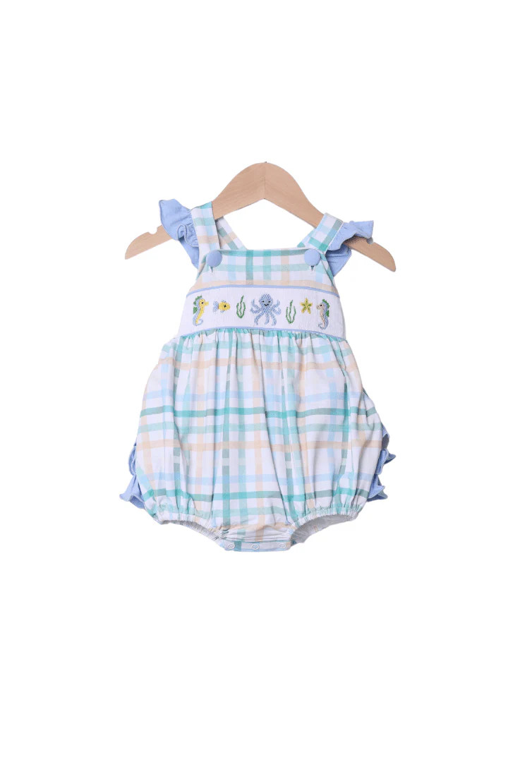 Smocked Ocean Creature Blue Plaid Ruffle Bubble | The Smocked Flamingo