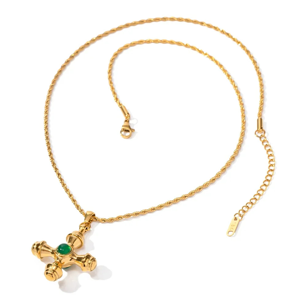 Nesh Green Agate Stone Vintage Cross Necklace | ALAIS BRANCHE'