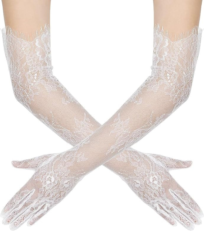 Women's Long Lace Floral Gloves Mesh Tulle Sheer Gloves for Wedding Elbow Length Opera Party Cost... | Amazon (US)