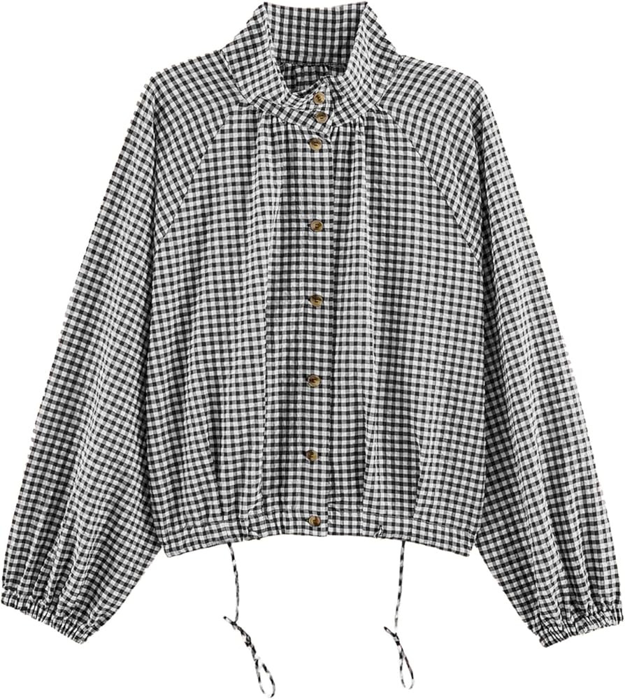 Aimiray Womens Plaid Bomber Jacket Cropped Gingham Coat | Amazon (US)