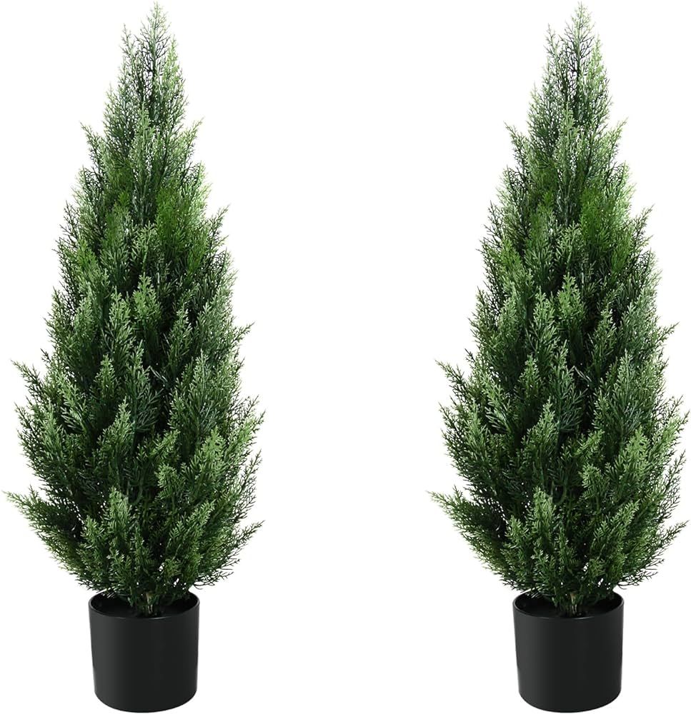 3FT Artificial Topiary Tree Beautiful Realistic Faux Cedar Pines Christmas Trees UV Rated Fake Shrubs for Front Porch Faux Plants Indoor and Outdoor Decor (2 Pack) | Amazon (US)