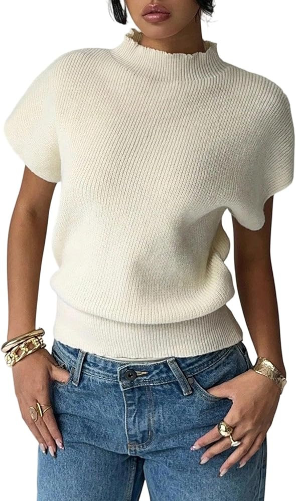 SOLY HUX Women's Short Sleeve Sweater Pullover Mock Neck Ribbed Knit Tops Work Office Outfit | Amazon (US)