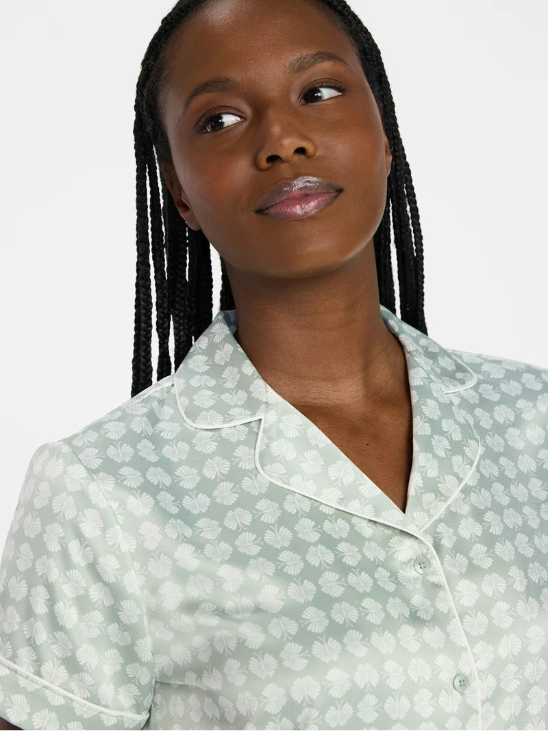 Joyspun Women’s Stretch Satin Short Sleeve Top and Shorts Pajama Set, Sizes XS-3X | Walmart (US)