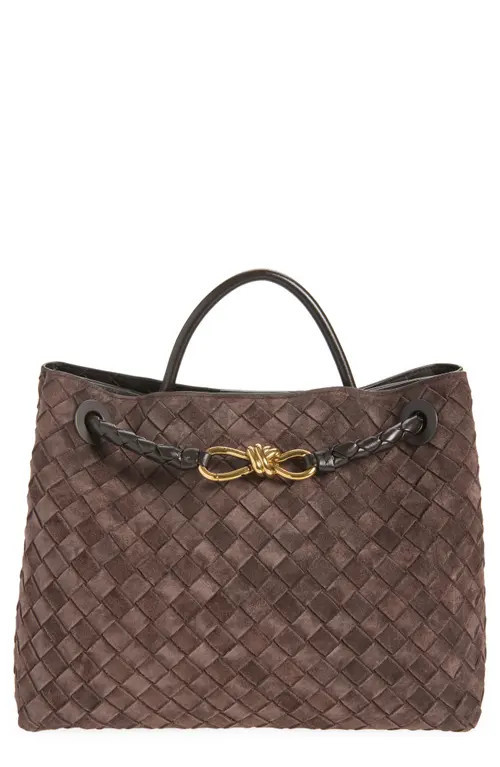 Bottega Veneta Medium Andiamo Intrecciato Suede Shoulder Bag in 2272 Fondant-M Brass-Fond at Nordstrom | Nordstrom