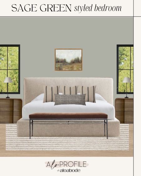 Sage Green Bedroom // neutral bedroom, calming bedroom, neutral bed, layered decor, wood nightstands, minimal. table lamps, striped accent pillows, landscape art, minimal bedroom decor, crate and barrel bedroom decor, neutral area rug, textured bedroom rug

#LTKhome