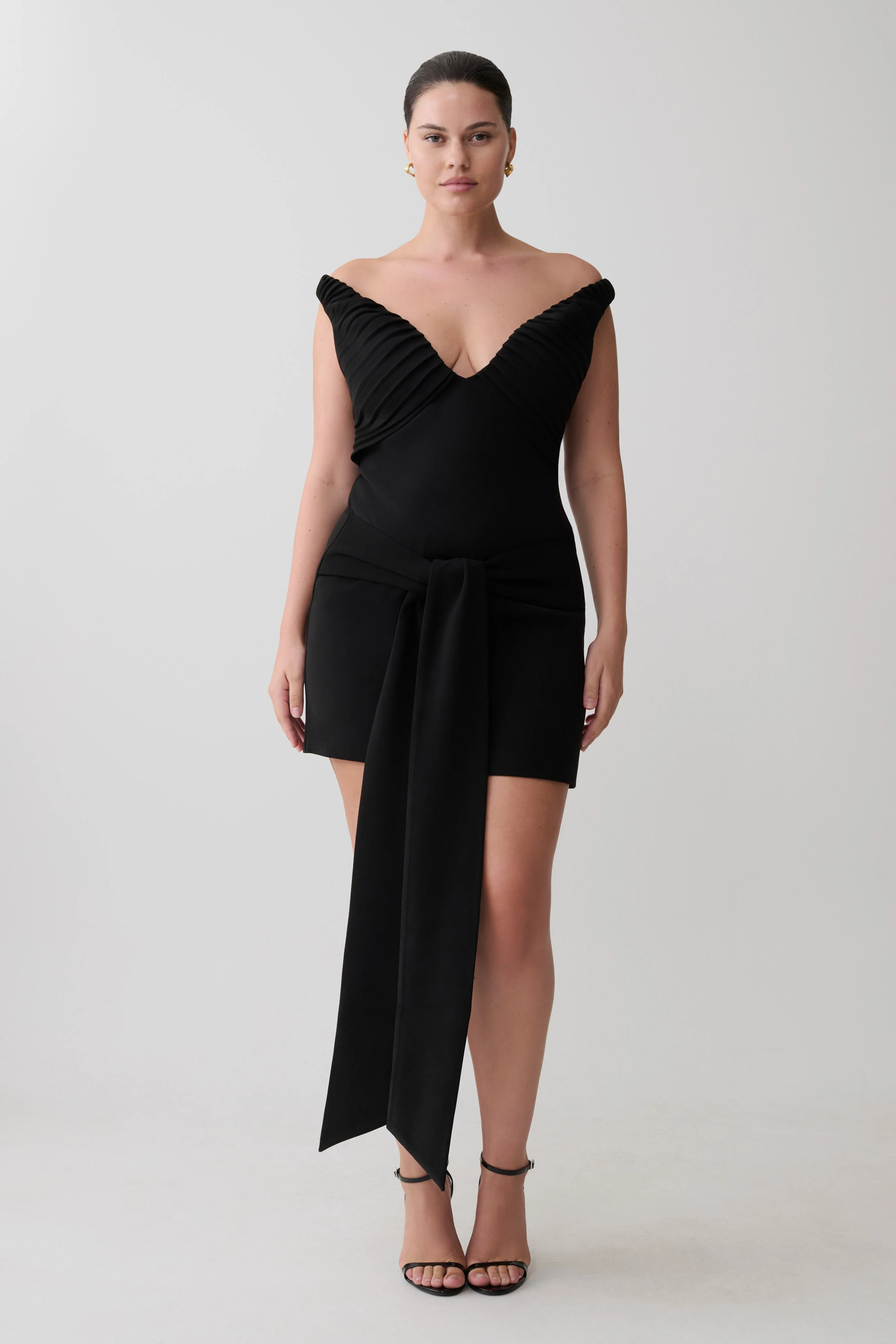Off Shoulder Mini Dress With Waist Tie - Black | MESHKI US