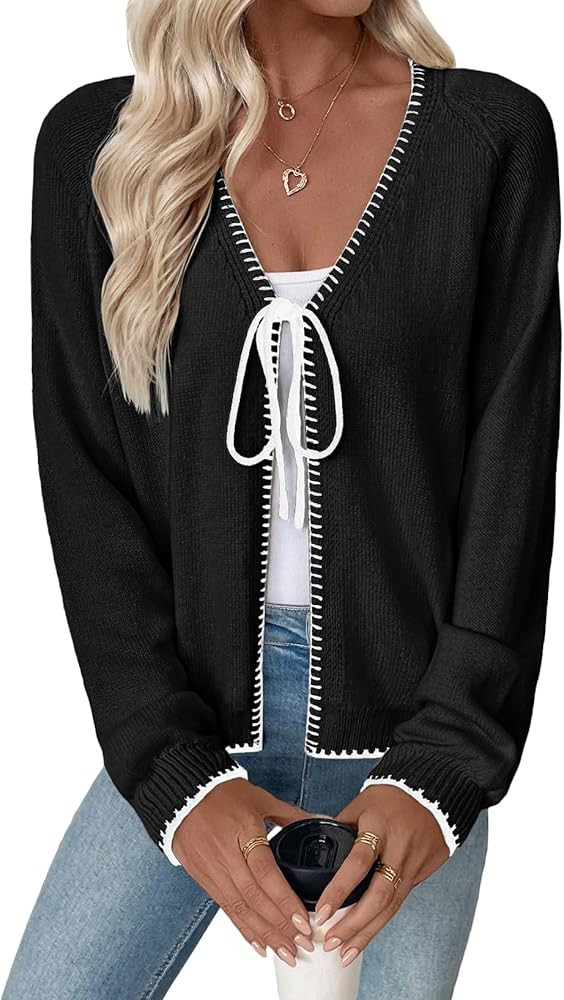 EVALESS Womens Cardigan Sweaters Trendy V Neck Long Sleeve Open Front Bow Tie Knit Chunky Lightwe... | Amazon (US)