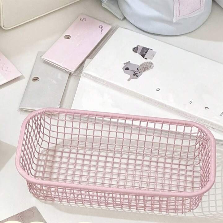 Cream Colored Ins-Style Iron Art Small Storage Basket, Simple Desk Organizer Box For Makeup, Office Supply Storage,For Back To School | SHEIN