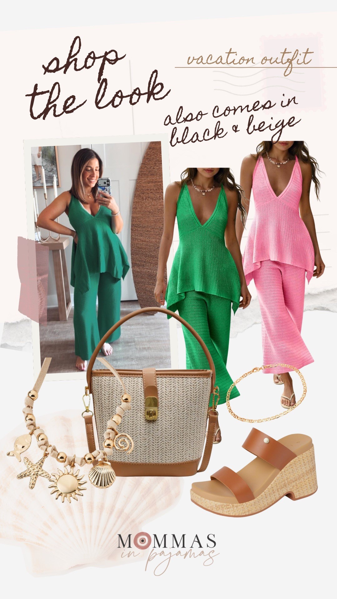 This green two piece set is the most gorgeous vacation set I’ve seen. The fit of this is incredible, the fabric is great quality and the color is beautiful. This would be such a good look for a beach vaca or a fun date night in the summer. 
Beach themed necklace, neutral spring purse

#LTKMidsize #LTKPetite #LTKSeasonal