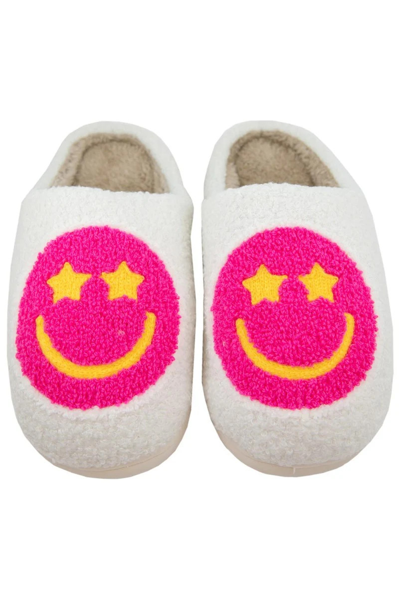 Hot Pink Star Eyed Happy Face Women Slippers White / S/M | Katydid.com