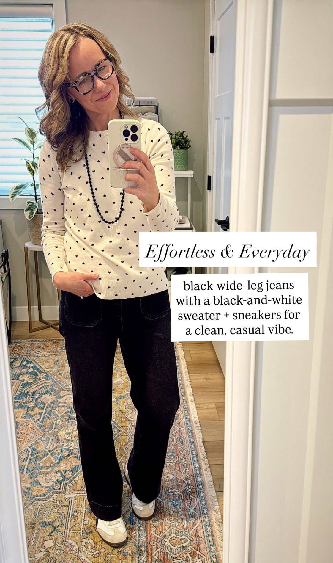 Sweater runs a little big and comes in other colors too!  The polka dots are actually hearts! 🖤 I’m in a small.

Jeans are wide leg and soooo comfortable.  You might size down.  Also lots of colors and a little stretch (but not too much).

Sneaks are comfy and go with everything.  

#LTKOver40 #LTKMidsize #LTKmomlife