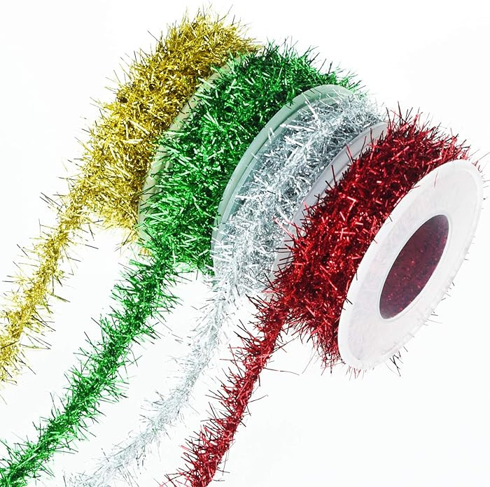 Tongcloud 4 Rolls Christmas Tinsel Ribbon Metallic Wire Garland Tinsel Wire Garland Metallic Glit... | Amazon (US)