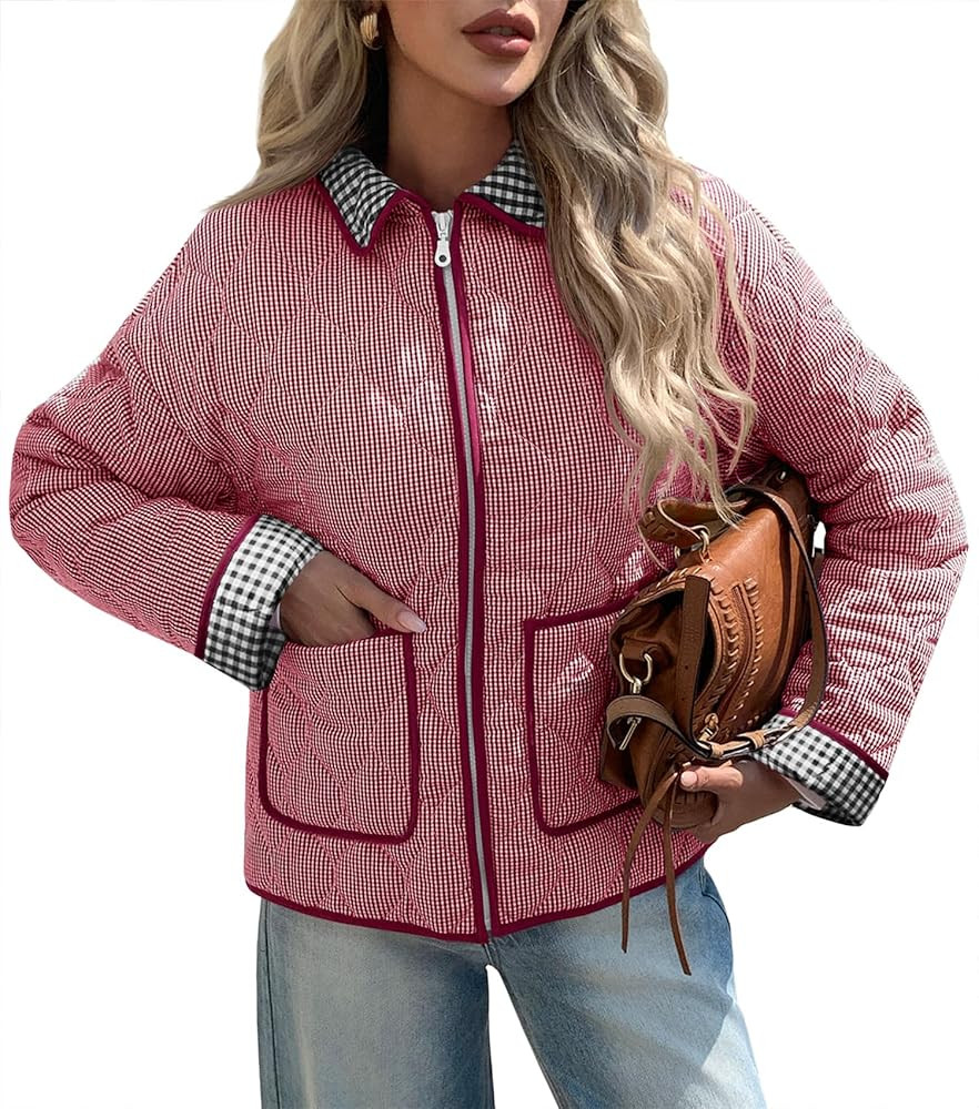 Tankaneo Womens Cropped Quilted Jackets Plaid Lightweight Full Zip Up Jacket Puffer Padded Coat w... | Amazon (US)