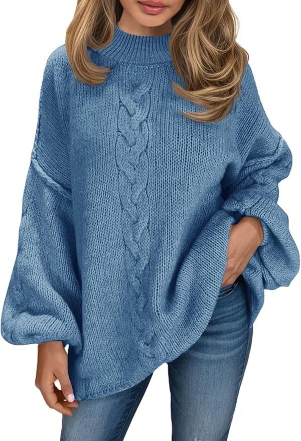Saodimallsu Womens Oversized Cable Knit Sweater Chunky Mock Neck Long Lantern Sleeve Fall Trendy ... | Amazon (US)