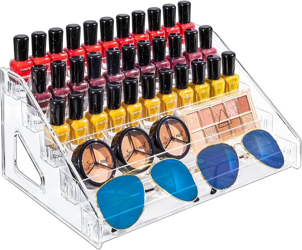 Sunglass Organizer 5 Layers Acrylic Nail Polish Organizer 60 Bottles - Clear Makeup Organizer for... | Amazon (US)