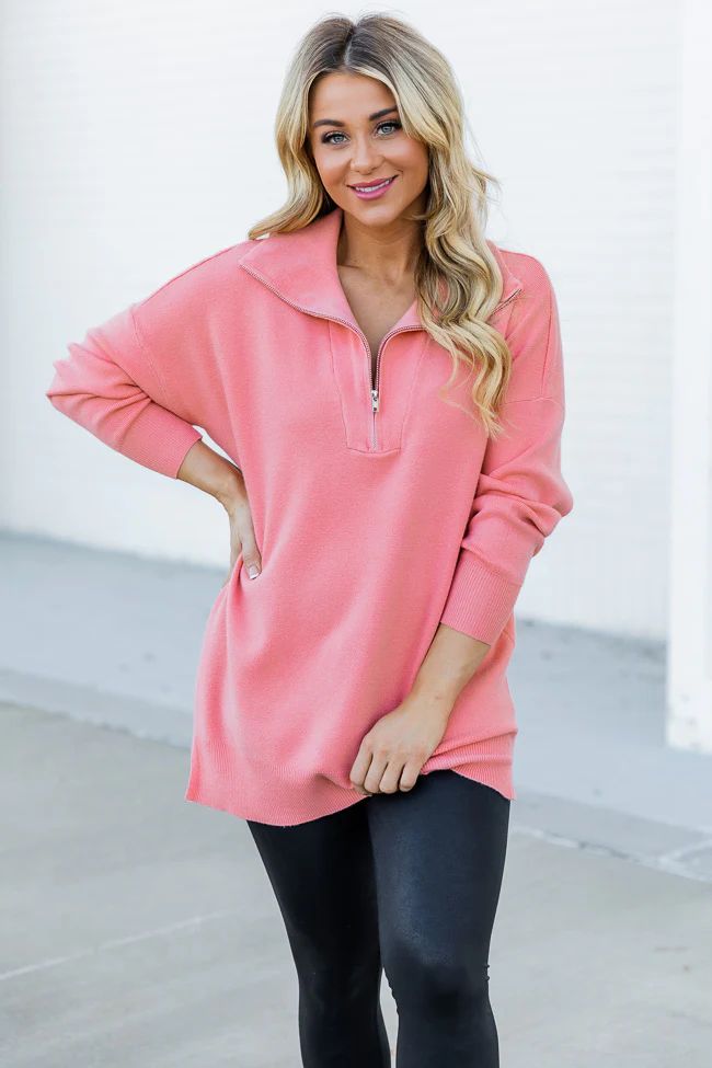 Pulling Heartstrings Coral Quarter Zip Pullover DOORBUSTER | Pink Lily