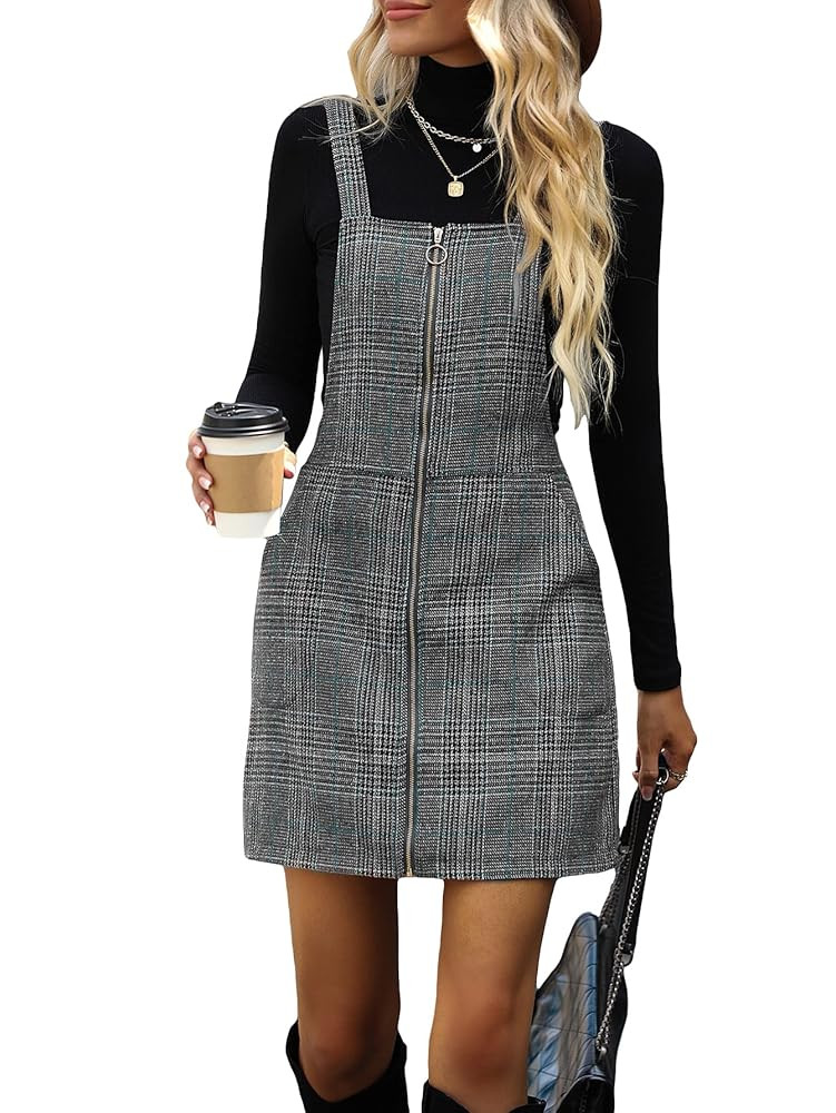 Floerns Women's Casual Tartan Print Zip Up Sleeveless Pinafore Overall Dress | Amazon (US)