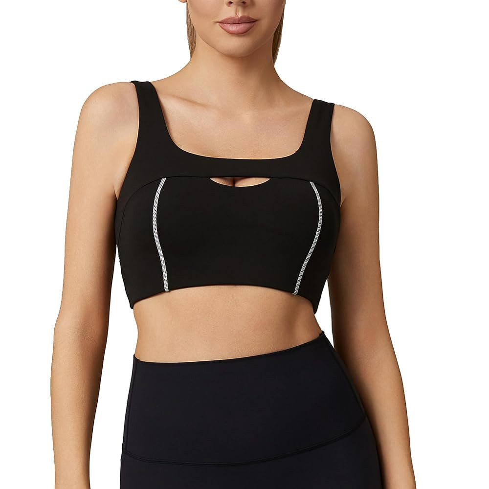 Move With You Womens Hollow Out Sports Bra- U Neck Cut Out Front Contrast Yoga Bra | Amazon (US)