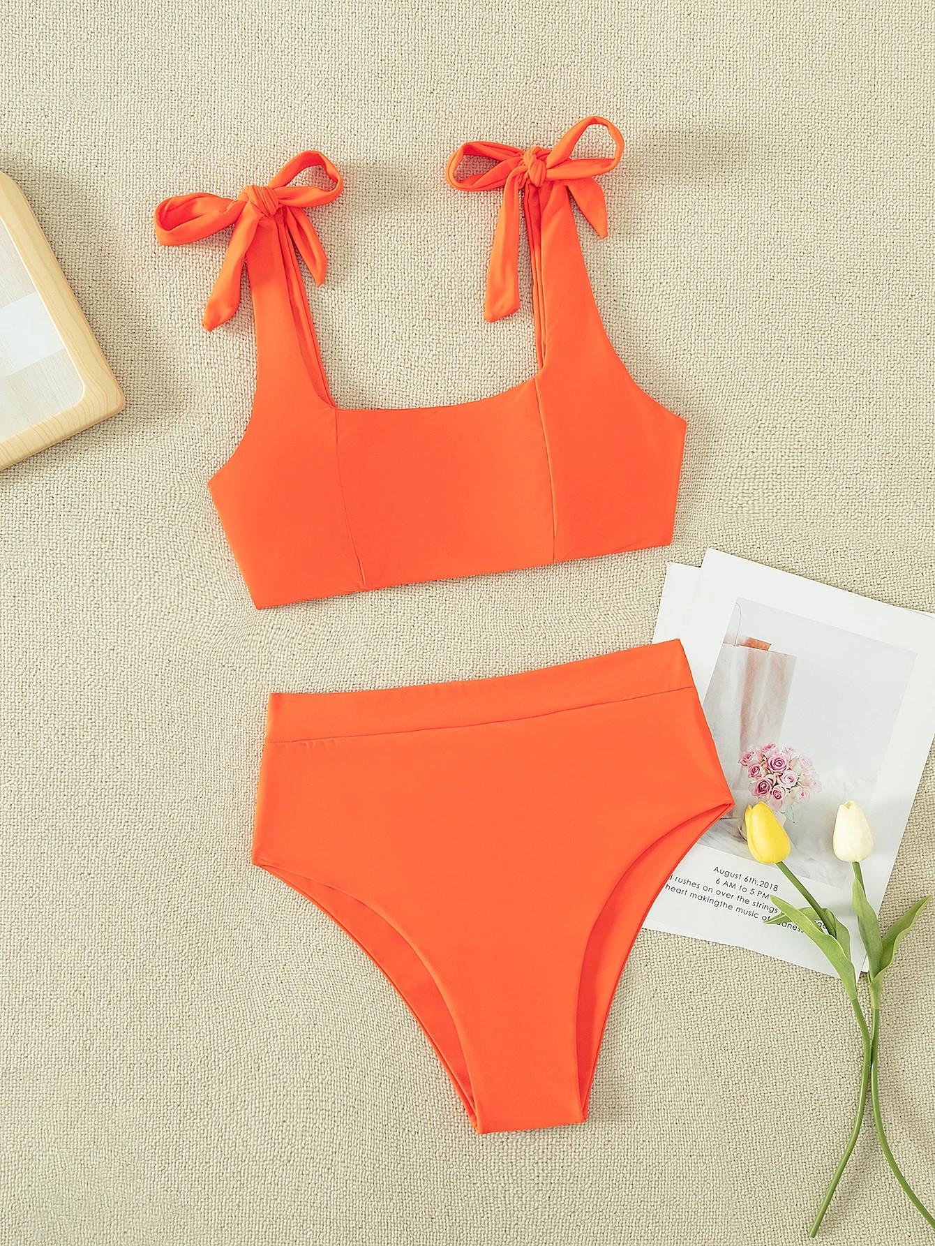 SHEIN Swim Basics Tie Shoulder High Waisted Bikini Swimsuit | SHEIN