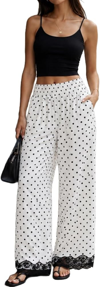 WDIRARA Women's Polka Dots Lace Trim Wide Leg Pants Elastic Waist Palazzo Pants | Amazon (US)