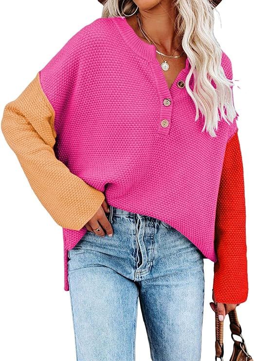 Pink Queen Women's V Neck Button Sweater Oversized Batwing Long Sleeve Henley Pullover Knit Jumpe... | Amazon (US)