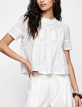 SKIKYAN Women Short-Sleeve Lace Eyelet Peplum Top Casual Babydoll Blouse Round Neck Cropped Tops ... | Amazon (US)
