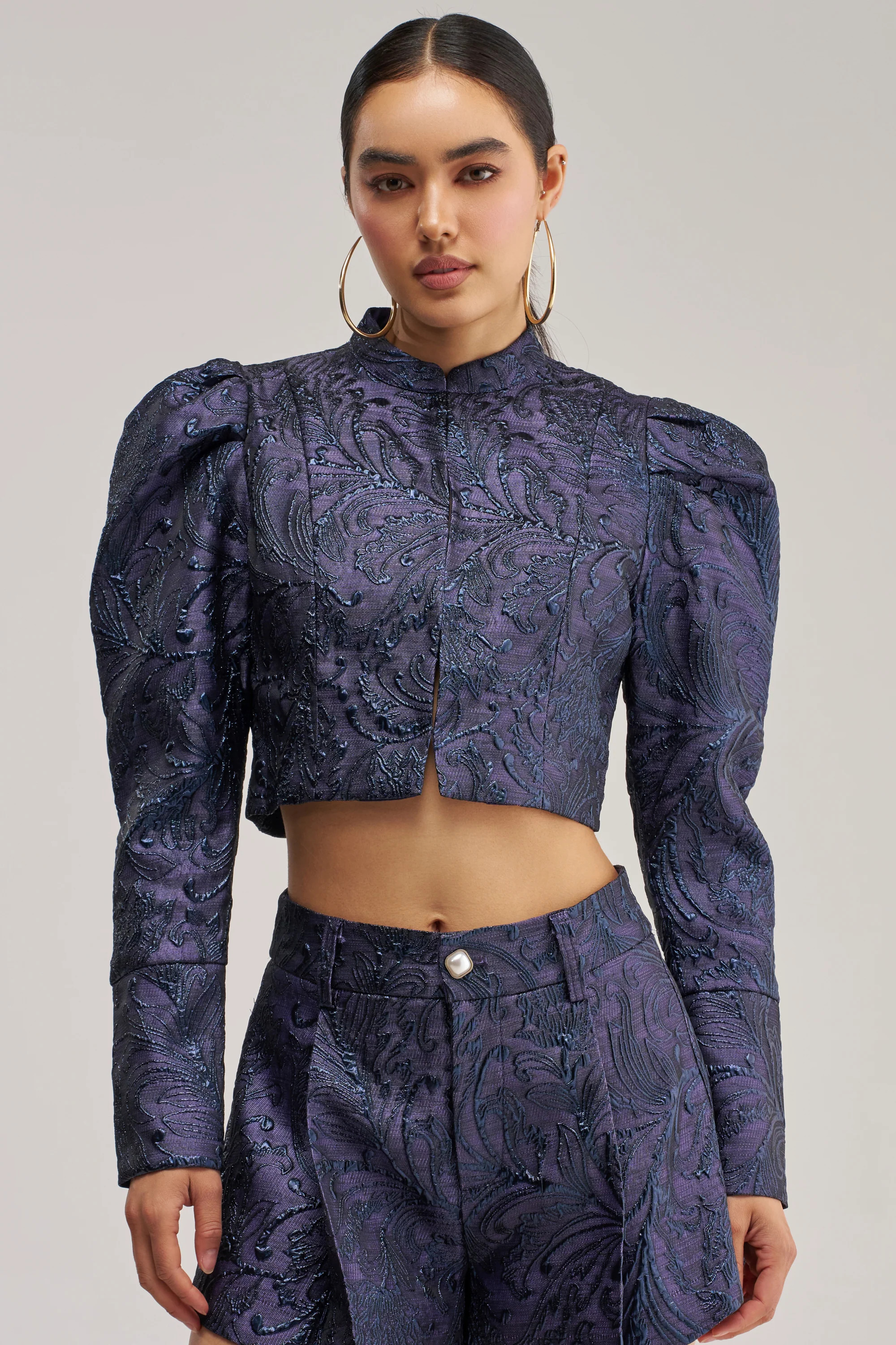 Navy Brocade Blazer, Cropped Floral Jacket | AKIRA | AKIRA