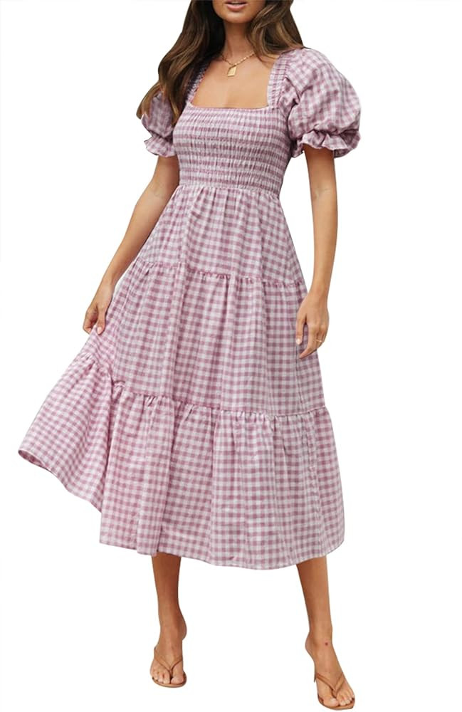 ZESICA Women's Bohemian Summer Plaid Square Neck Puff Sleeve Ruffle Flowy Beach Midi Dress | Amazon (US)