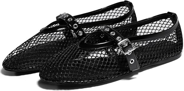 Coutgo Womens Mesh Ballet Flats Mary Jane Fishnet Ballerina Buckle Strap Comfortable Causal Dress... | Amazon (US)