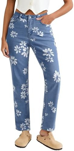 luvamia Straight Leg Jeans for Women Floral Printed High Waisted Trendy Cute Vintage Stretchy Den... | Amazon (US)
