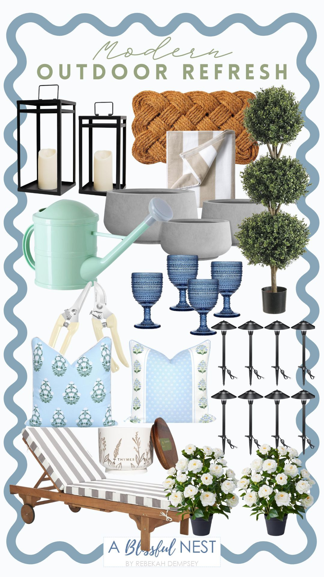 A fresh, modern take on outdoor living with these picks. Tap to shop.

led landscape lights, black metal candle lanterns, natural rope jute rug, beige & white oversized beach towel, garden shears, coastal patio throw pillows, outdoor citronella candle, artificial camellia tree, artificial triple ball boxwood topiary tree, mint green watering can, blue wine glasses goblets, natural concrete planters, grey & white stripe lounge chair. 

 #LTKHome