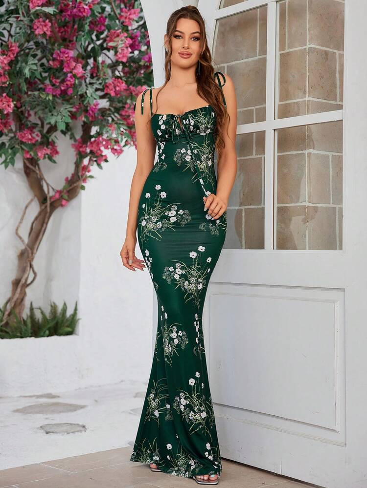 PARTHEA Lace Up Mermaid Hem Ruched Floral Print Dress | SHEIN