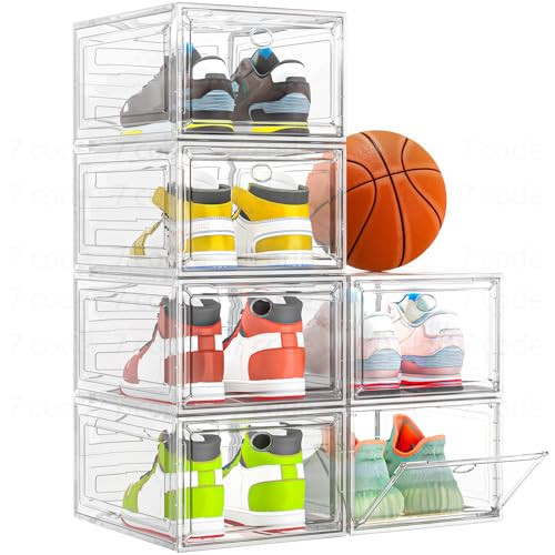 Thickened Clear Shoe Storage Organizer with Magnetic Door, Sturdy Stackable Shoe Boxes for Closet, Collapsible Space-Saving Shoe Rack for Sneakers & Boots, Plastic Shoe Cabinet Box Set, 6 Pack, White | Amazon (US)
