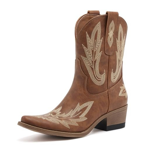 Western Embroidered Women's Cowboy Boots - Pointed Toe, Chunky Heel, Mid-Calf Cowgirl Boots with Vegan Leather Embroidered Upper - Ankle Style | Amazon (US)
