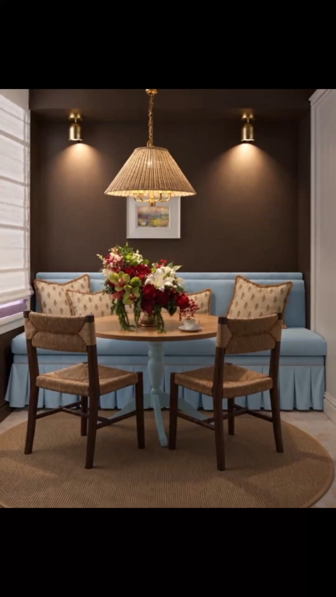 Saturday morning coffee moment! ☕️☀️

Imagine enjoying a quiet morning in this cozy, charming kitchen nook. With the Roman shade open, beautiful morning sunshine streams through the window, filling the space with warmth and natural light.

A lovely mix of woven textures, soft blue upholstery, a rattan chandelier, and fresh flowers creates the perfect spot to slow down, sip your coffee, and enjoy a peaceful Saturday morning. 💕

Shop the look on my LTK!

#LTKHome #LTKStyleTip #LTKDayInMyLife #SaturdayMorning #MorningCoffee #KitchenNook #BreakfastNook #CozyKitchen #KitchenDesign #RomanShade #RattanChandelier #PendantLighting #WallSconce #DiningBench #DiningChair #RattanFurniture #RoundDiningTable #SisalRug #ThrowPillows #FlowerArrangement #WallArt #CoastalChic #InteriorDesign #HomeDecor