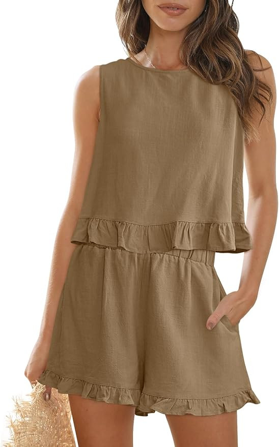 AUTOMET Womens 2 Piece Outfits Summer Sets Sleeveless High Neck Ruffle Crop Tops and High Waisted... | Amazon (US)