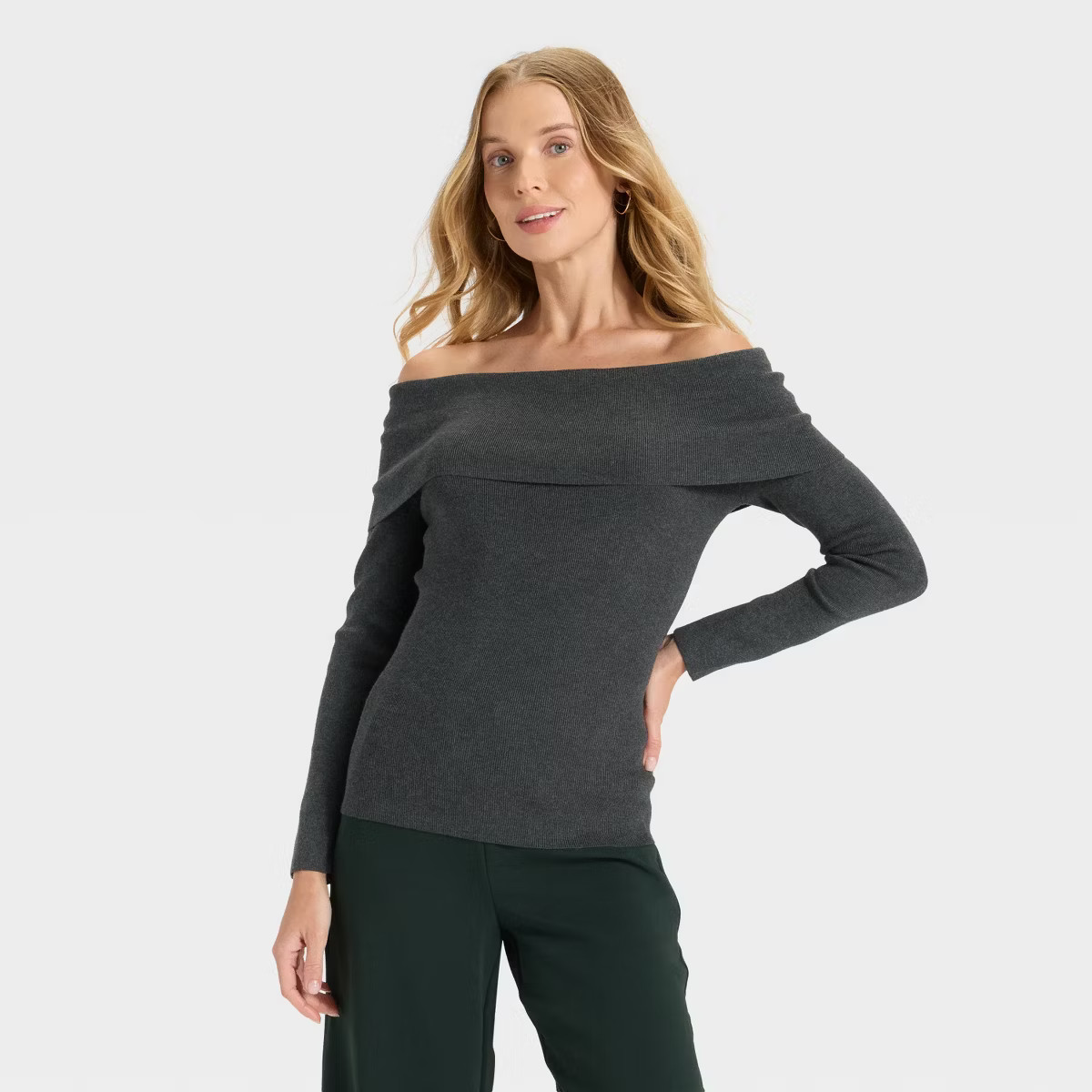 Women's Long Sleeve Off the Shoulder Pullover Sweater - A New Day™ Brown M | Target