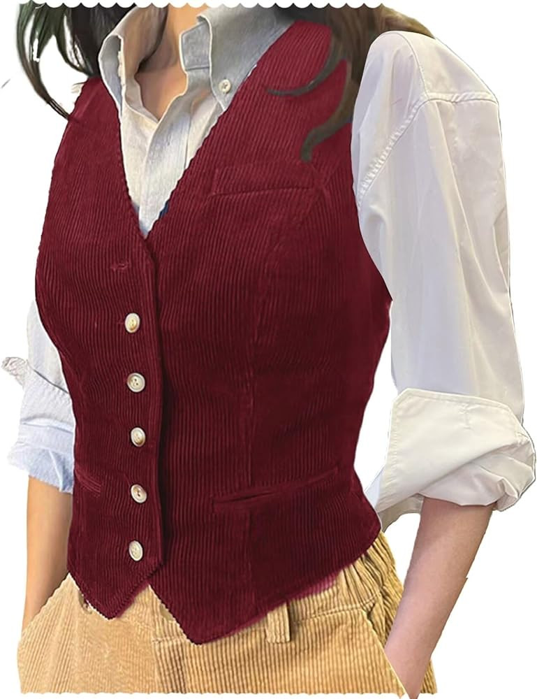 Women's Corduroy Vest Sleeveless Jacket Button Down V Neck Formal Business Waistcoat | Amazon (US)