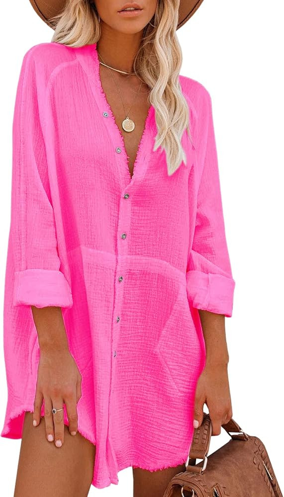 ReachMe Womens Swimsuit Beach Cover Ups Button Down Bikini Beach Shirt Bathing Suit Beachwear Cov... | Amazon (US)