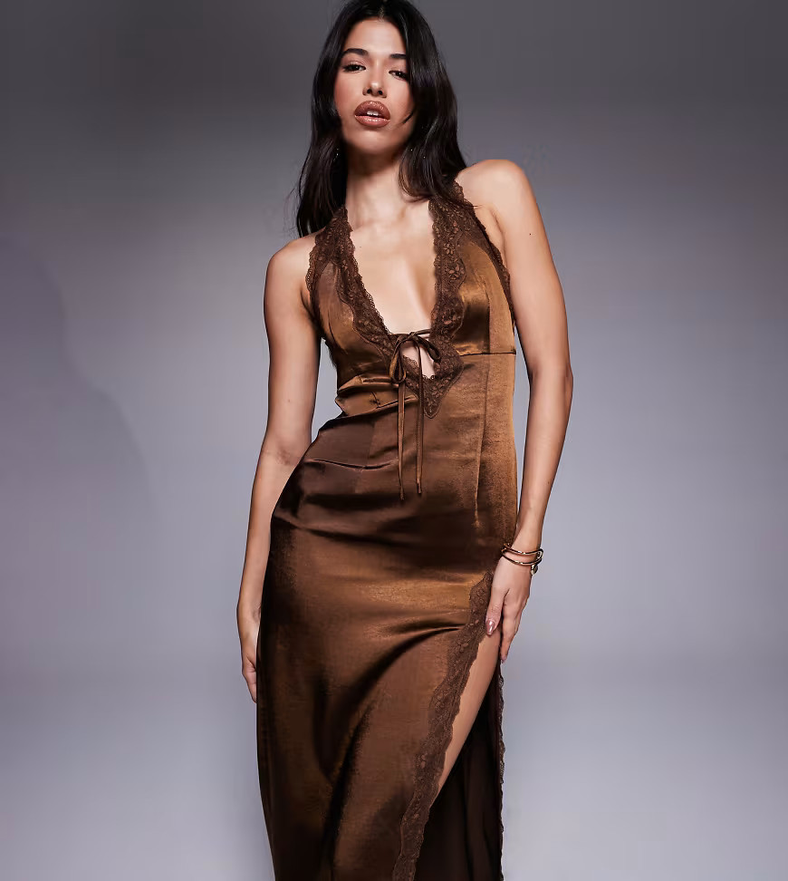 The Frolic exclusive satin lace trim plunge tie detail maxi dress in chocolate-Brown | ASOS (Global)
