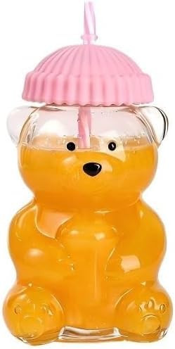 Homvyard Glass Bear Mug, Bear Mug with Straw and Lid 20 oz High Borosilicate Bear Glass Smooth Edge for Coffee Tea Milk Juice Office Cafe(Pink) | Amazon (US)