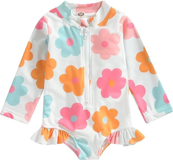 Kids Toddler Baby Girl Rash Guard Long Sleeve Ruffle Floral Print Surfing Swimsuit Zipper One Pie... | Amazon (US)