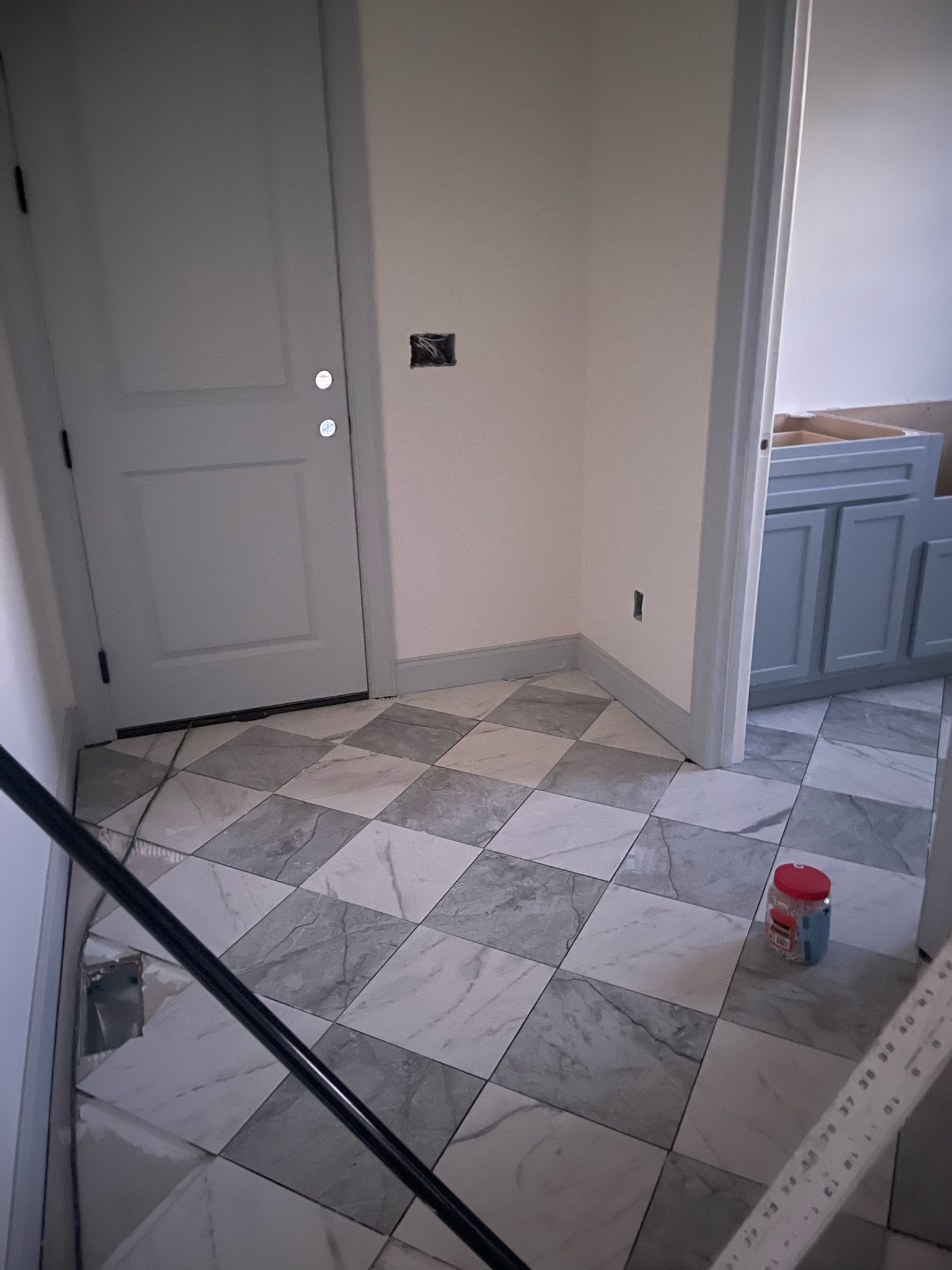 An in progress photo - but we used 1/16 inch spaces & will use the grout color “frost” 🤍