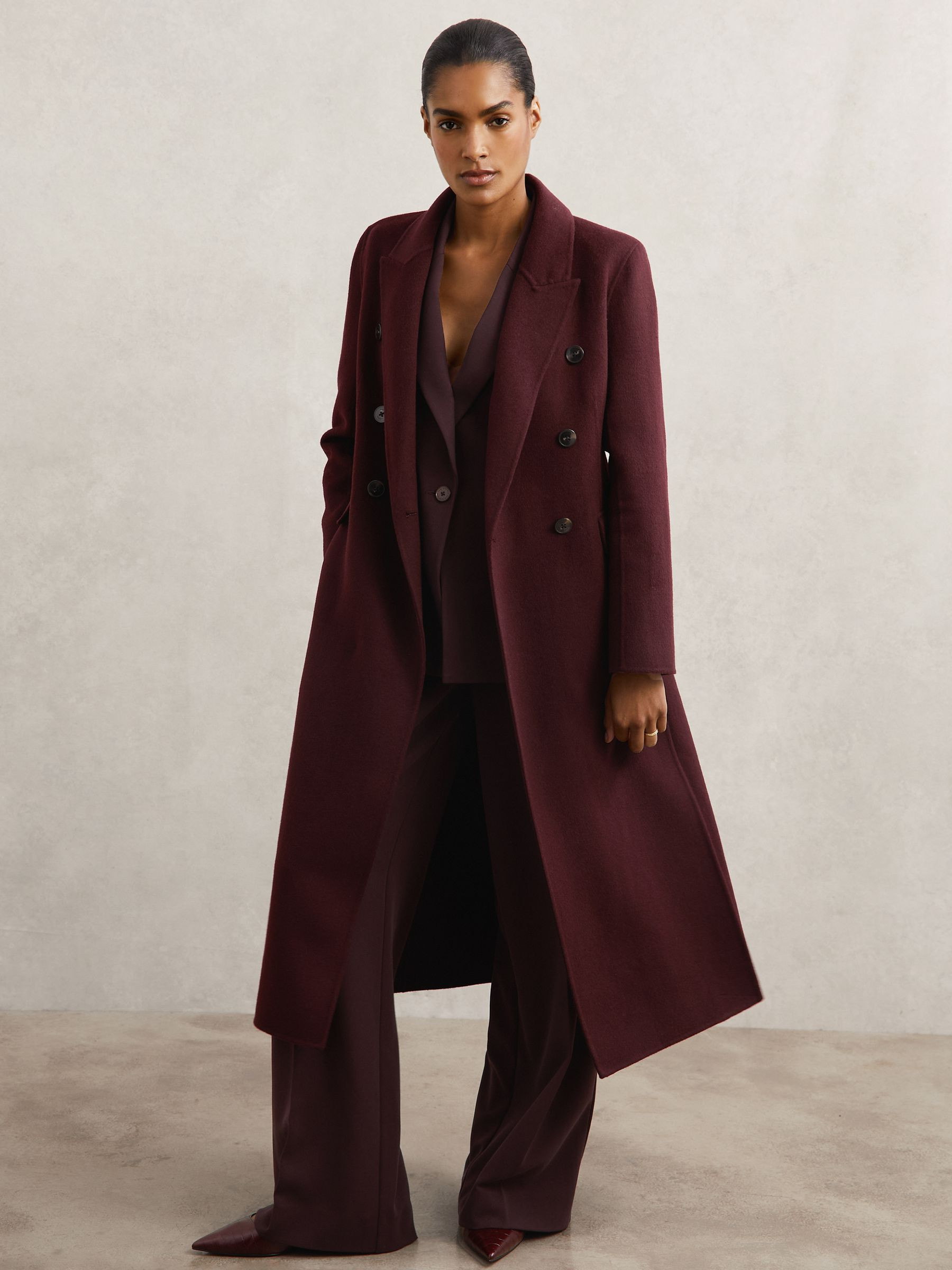 Double-Breasted Blindseam Coat Wool-Blend in Burgundy | Reiss UK