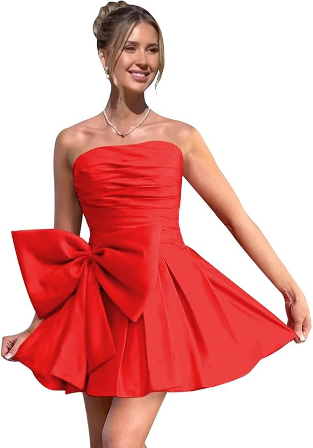 Strapless Short Homecoming Dresses for Teens Ruched Bodice A Line Corset Back Satin Wedding Dress... | Amazon (US)