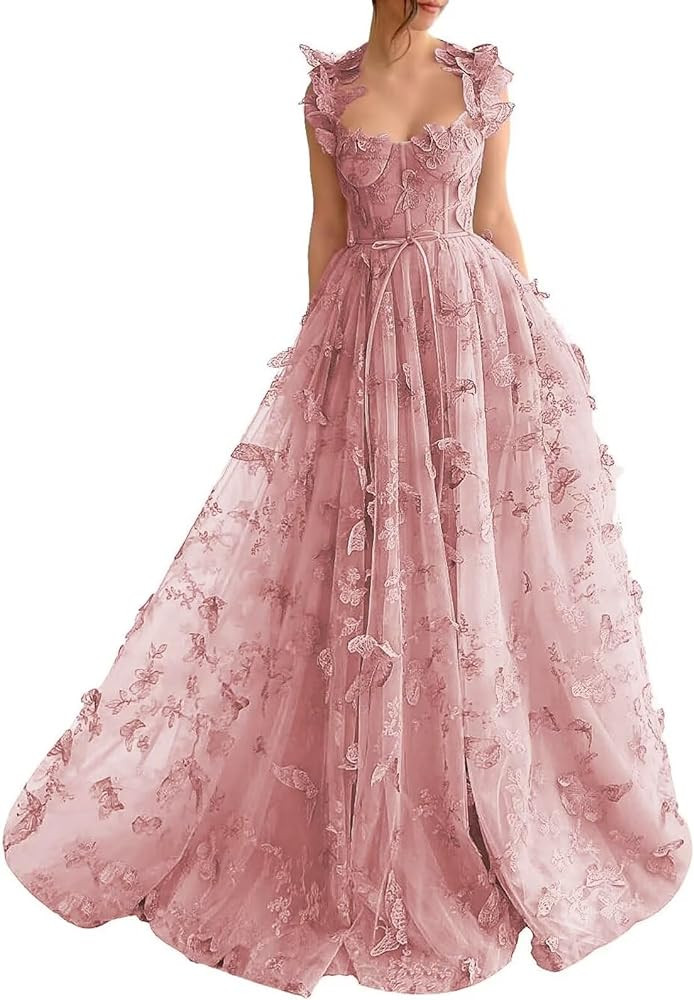 Long Tulle Prom Dress with 3D Butterflies Sexy Slit Ball Gown Evening Dresses Party Wedding Forma... | Amazon (US)