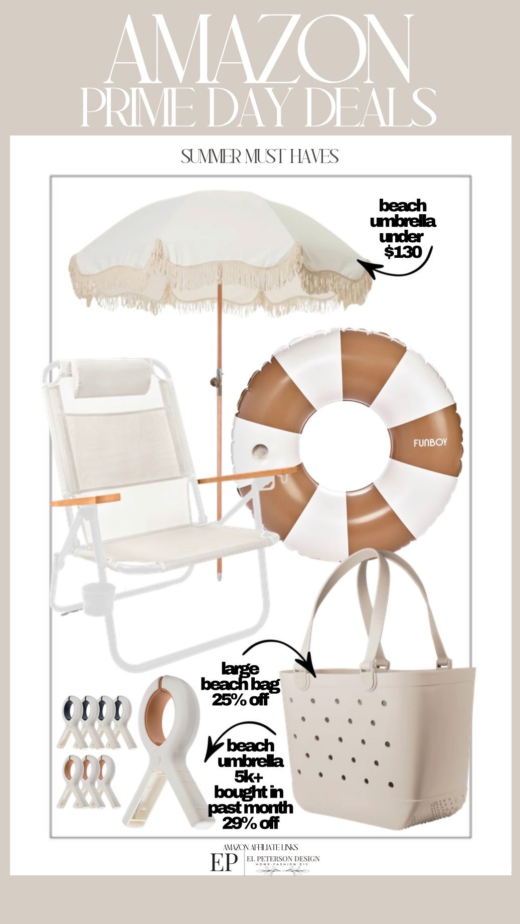 Amazon Prime Day
Last Day 
Beach umbrella 
Floats
Beach chair
Tote bag
Towel clips

#LTKHome #LTKSaleAlert
