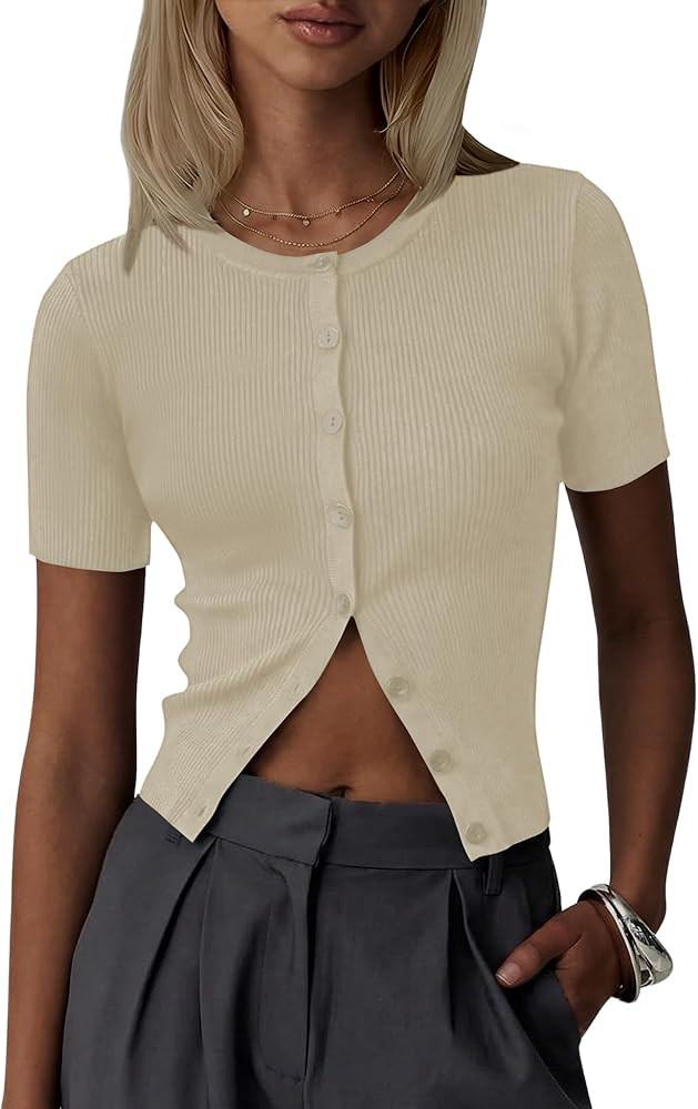 Kistore Womens Casual Summer Short Sleeve Sweater Cardigan Button Down Crew Neck Knitted Crop Car... | Amazon (US)