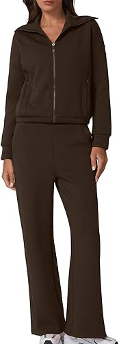 QINSEN Women's Cotton 2 Piece Outfits Lapel Long Sleeve Zip Up Sweatshirt Wide Leg Pants Matching... | Amazon (US)